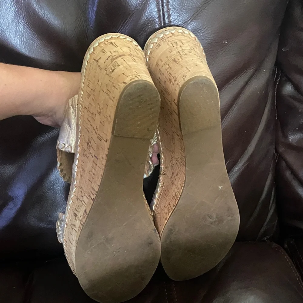 Jack Rogers Metallic Gold Wedge Sandals with Floral Medallions
